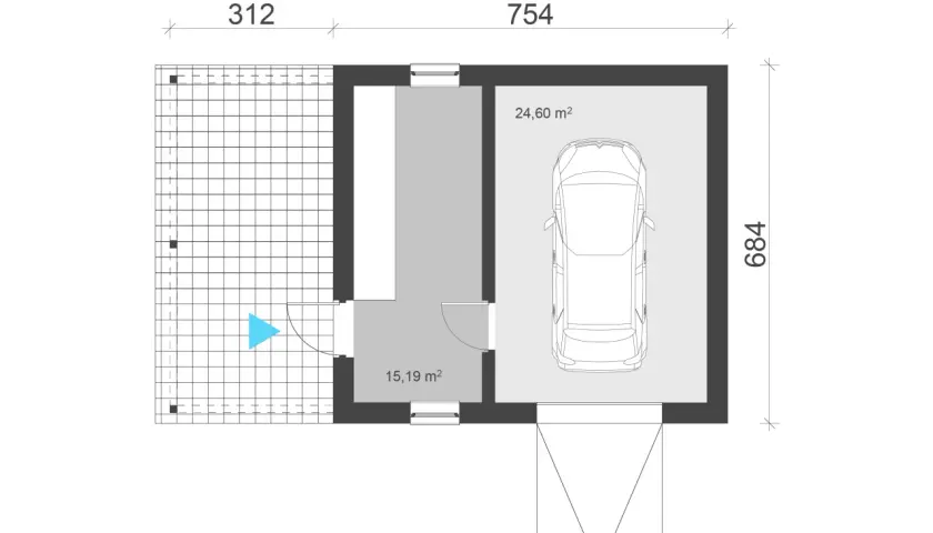Rzut garażu jednostanowiskowego z wymiarami: 10,66m x 6,84m. Wnętrze 24,60 m² na auto i 15,19 m² pomieszczenie gospodarcze.