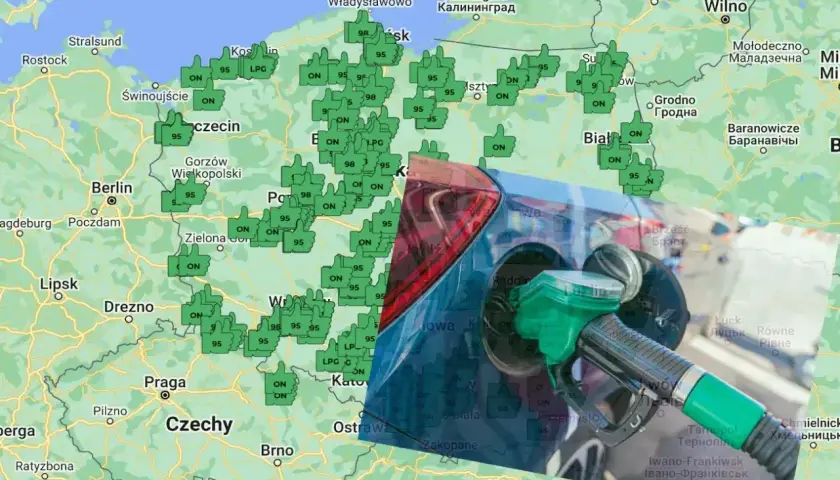 Mapa Polski z zaznaczonymi stacjami paliw. Widać ikony z napisem "ON" i "LPG", a także zbliżenie na pistolet do tankowania.