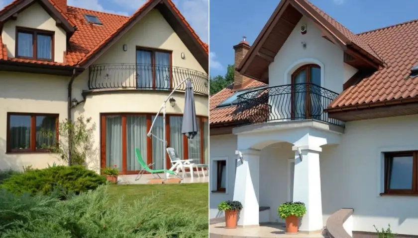 Dwa domy z dachówką i balkonami. Na jednym z nich widać lukarnę.