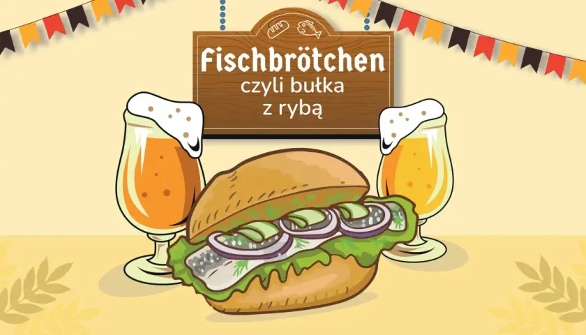 Kanapka po niemiecku, czyli Fischbrötchen z rybą, sałatą i cebulą, obok dwóch piw.