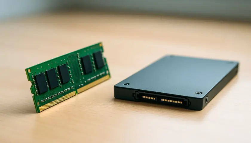 Ein RAM-Modul und eine schwarze SSD liegen nebeneinander. Verschiedene SSD-Arten sind für unterschiedliche Speicherbedürfnisse erhältlich.
