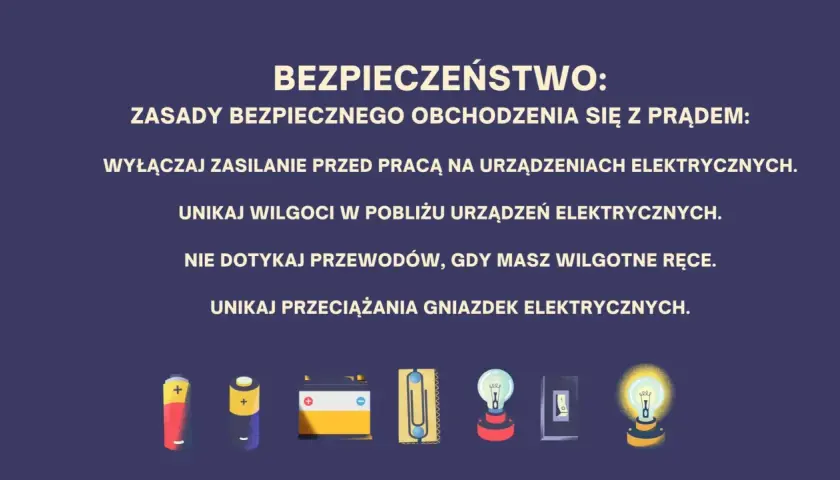 Bezpieczeństwo z prądem: zasady, co to jest prąd elektryczny, jak go bezpiecznie używać. Ilustracje baterii, żarówki, gniazdka.