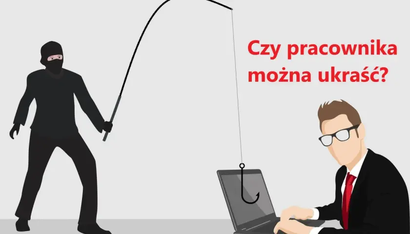 Złodziej z wędką próbuje "złapać" pracownika przy laptopie. Czy to nieuczciwa konkurencja?