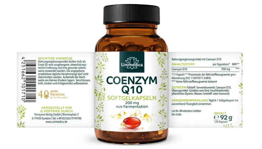 Unimedica Coenzym Q10 Softgelkapseln: 200 mg pro Kapsel. Täglich 1 Kapsel einnehmen, um die empfohlene Tagesdosis zu erreichen.