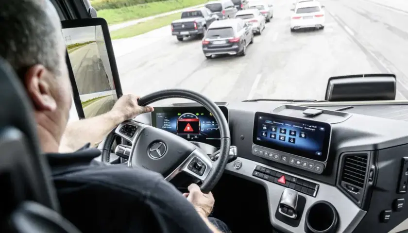 Fahrer im LKW-Cockpit mit Blick auf die Straße und ein Display, das die allgemeine Sicherheitsvorschrift anzeigt.