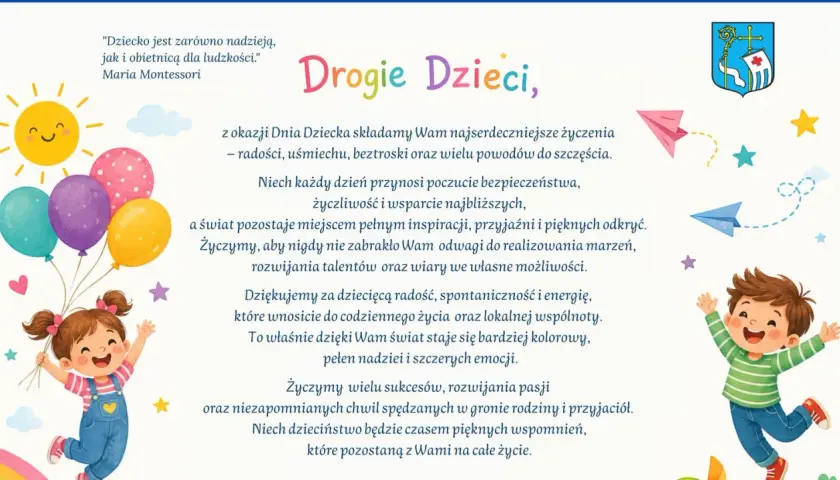 Radosne życzenia z okazji Dnia Dziecka dla wszystkich dzieci. Uśmiechnięta dziewczynka z balonami i chłopiec w skoku symbolizują beztroskę i szczęście.