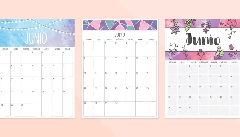 Tres calendarios del mes de junio con decoraciones: luces de feria, formas geométricas y flores.