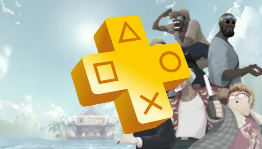 Żółte logo PS Plus z symbolami przycisków, na tle letniej sceny z ludźmi i budynkiem "Mr. Bancho". Gry na kwiecień!