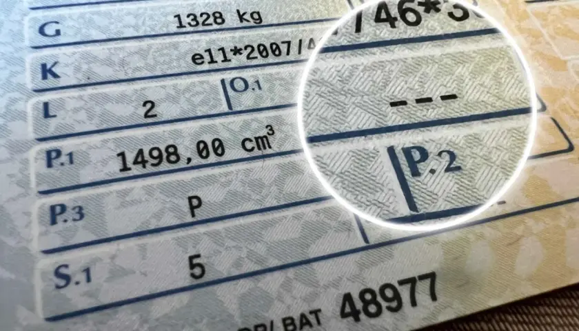 Fragment dowodu rejestracyjnego z zaznaczonym polem P.2, gdzie widnieje wpis o1.