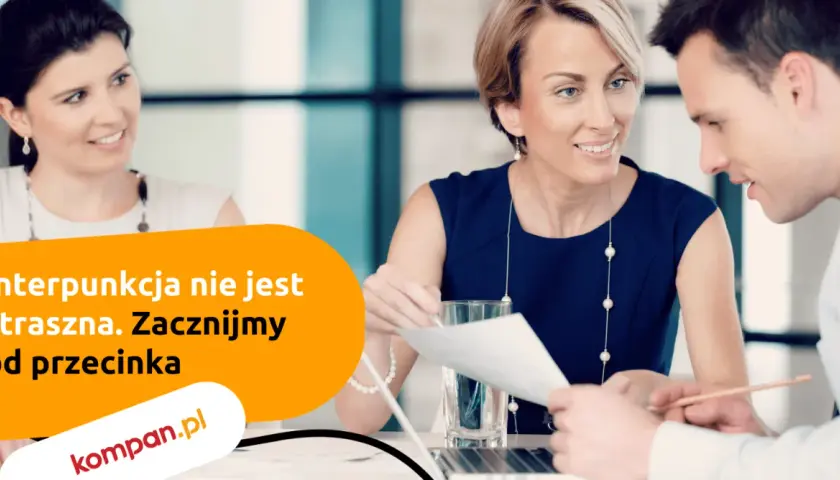 Trzy osoby przy stole omawiają dokumenty. Napis: "Interpunkcja nie jest straszna. Zacznijmy od przecinka".