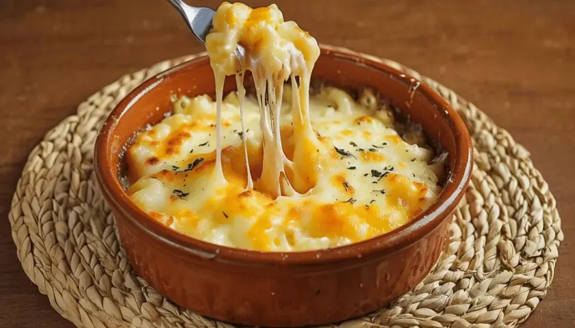 Un tenedor levanta pasta con queso fundido, mostrando un delicioso provolone al horno con hierbas espolvoreadas.