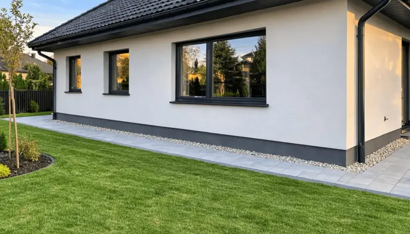 Nowy dom z zadbanym ogrodem. Wokół domu biegnie ścieżka z płyt i kamieni, tworząc estetyczną opaskę wokół domu.
