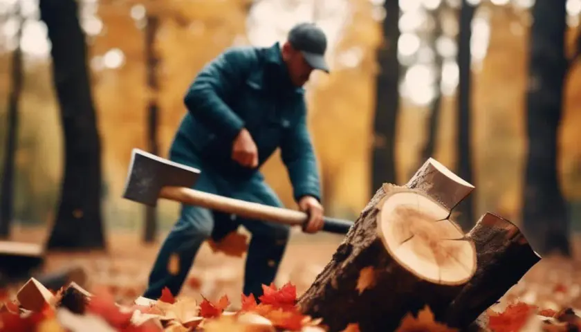 Un homme coupe du bois de chauffage en automne. Les feuilles tombées jonchent le sol.