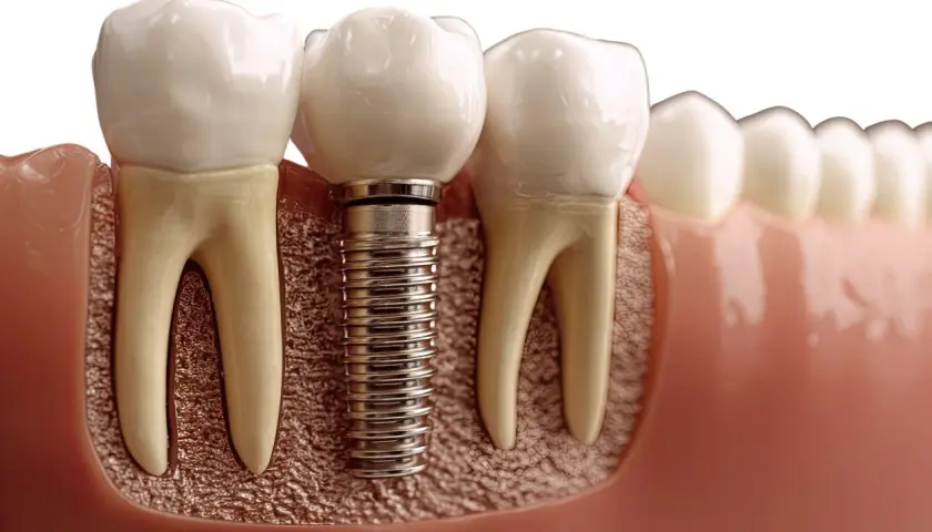 Dettaglio di un impianto dentale in titanio, parte di un processo di implantologia a carico immediato, che sostituisce una radice dentale.
