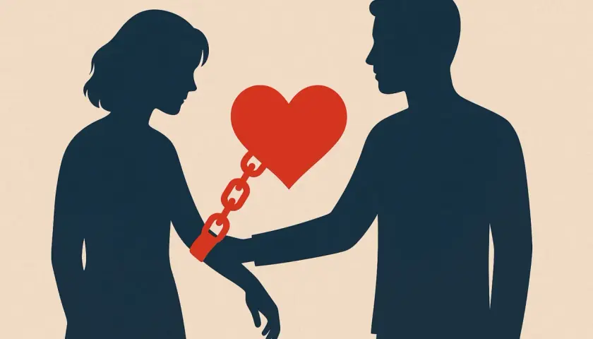 Silhouette di coppia legate da una catena a forma di cuore, simbolo di dipendenza affettiva.