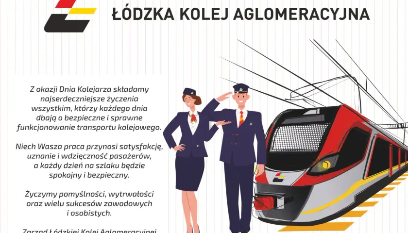 Z okazji Dnia Kolejarza życzenia dla pracowników ŁKA. Dwa uśmiechnięte postacie w strojach kolejarskich i nowoczesny pociąg.