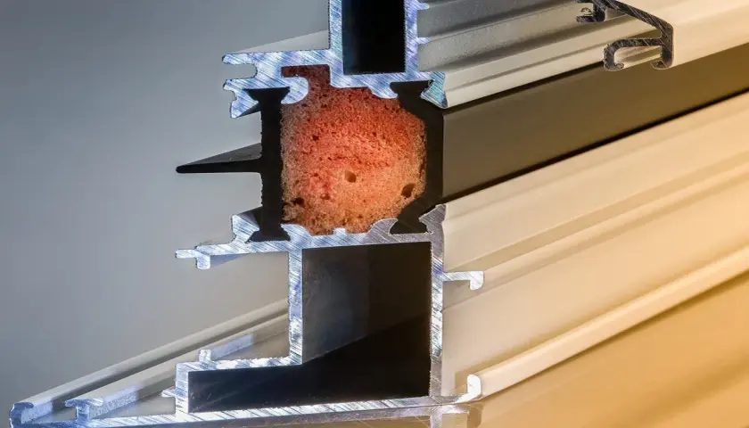 Sezione di un profilo per finestre: alluminio è un metallo leggero e resistente, con inserto isolante rosso e guarnizioni nere.