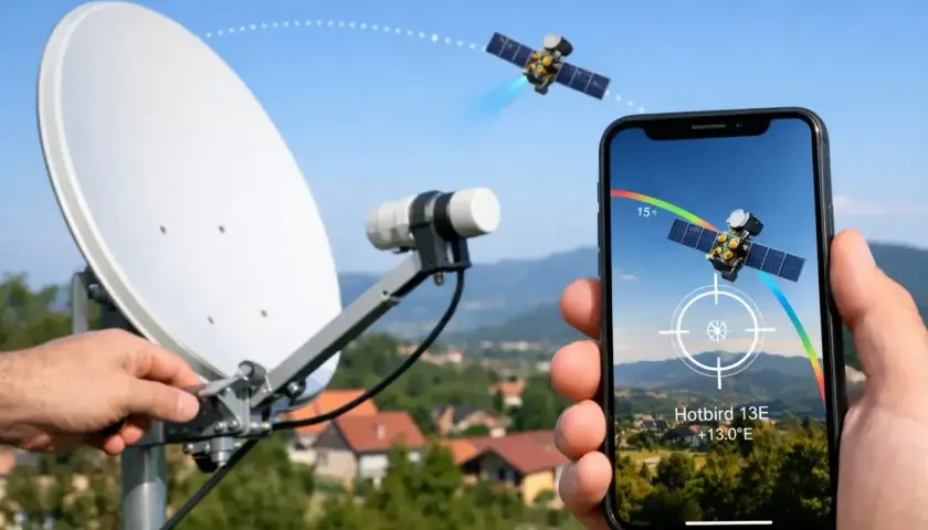 Ustawianie anteny satelitarnej z pomocą telefonu. Aplikacja pokazuje satelitę i kierunek, jak ustawić antenę.