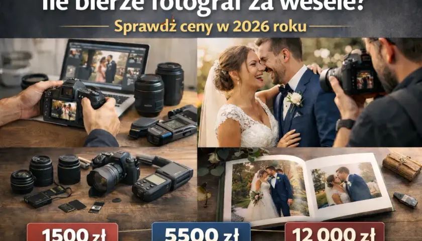 Zdjęcie przedstawia sprzęt fotograficzny, parę młodą i album ślubny z cenami.