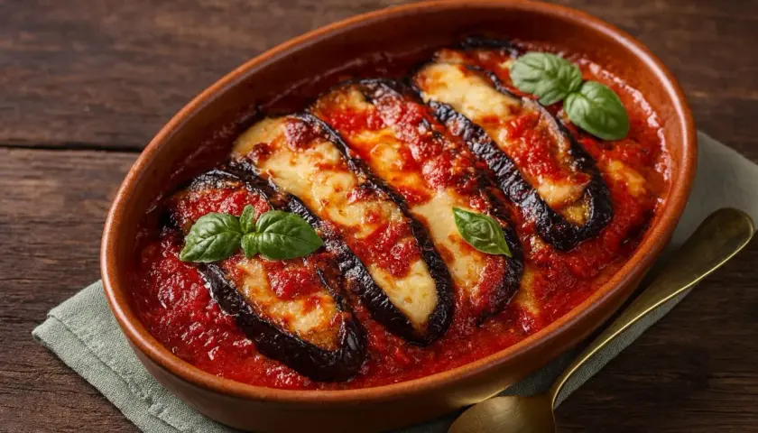 Herzhaftes Parmigiana di Melanzane Rezept: Gebackene Auberginenscheiben mit Tomatensauce und Käse, garniert mit Basilikum.