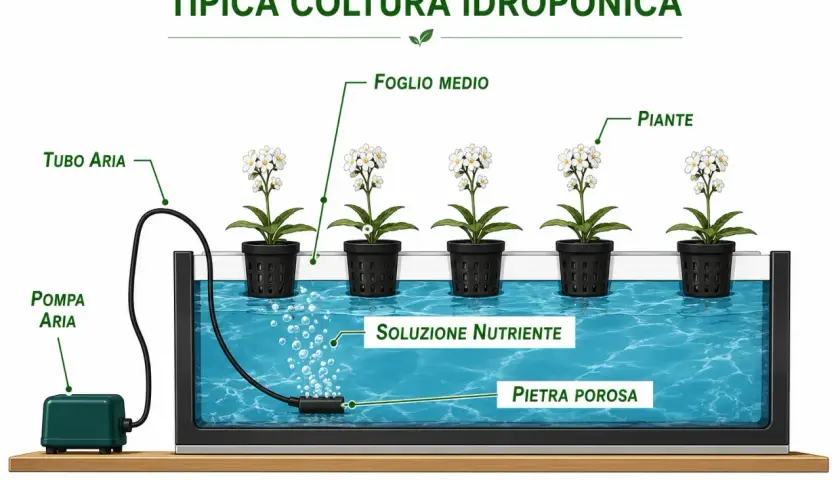 Sistema idroponico con piante in vasi a rete immersi in soluzione nutriente. Pompa d'aria ossigena l'acqua, essenziale per la crescita delle piante, inclusa l'assimilazione di azoto.