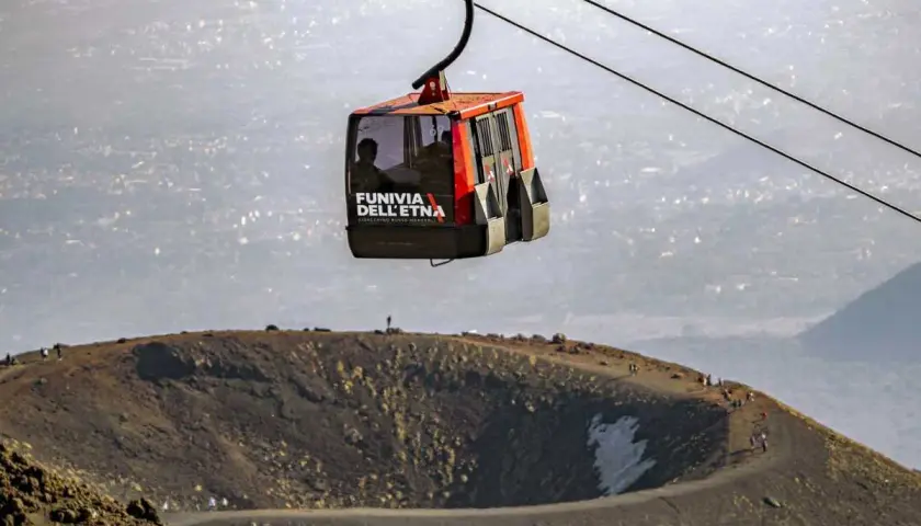 Funivia dell'Etna in movimento, un modo unico per visitare l'Etna e ammirare il paesaggio vulcanico.