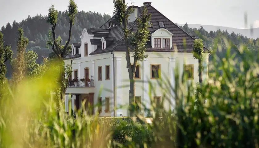 Elegancka restauracja "Kaczka na wodzie" w otoczeniu zieleni, z widokiem na las i wzgórza.