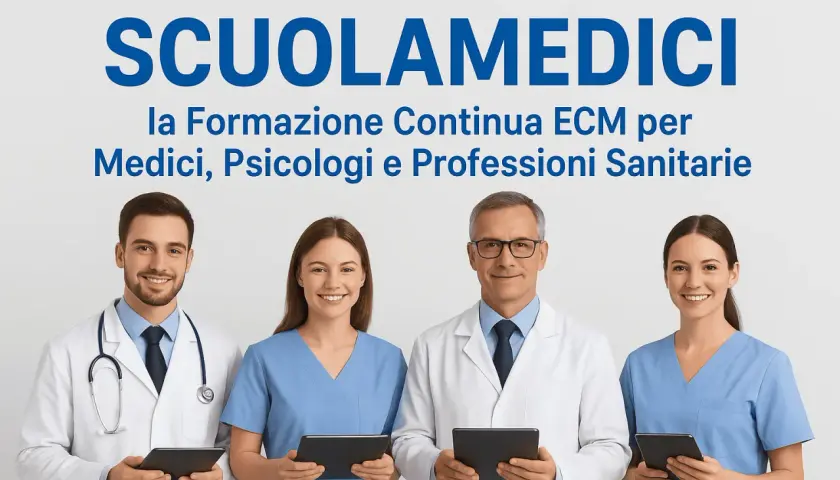 Quattro professionisti sanitari sorridono tenendo tablet. SCUOLAMEDICI offre formazione continua ECM, che significa aggiornamento per medici e psicologi accreditati.