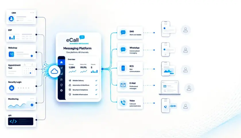 Die eCall Messaging Plattform integriert verschiedene Kanäle wie SMS, WhatsApp, RCS, E-Mail und Voice. Das Lieferavis ist hierbei ein wichtiger Bestandteil für die Zustellungsrate.