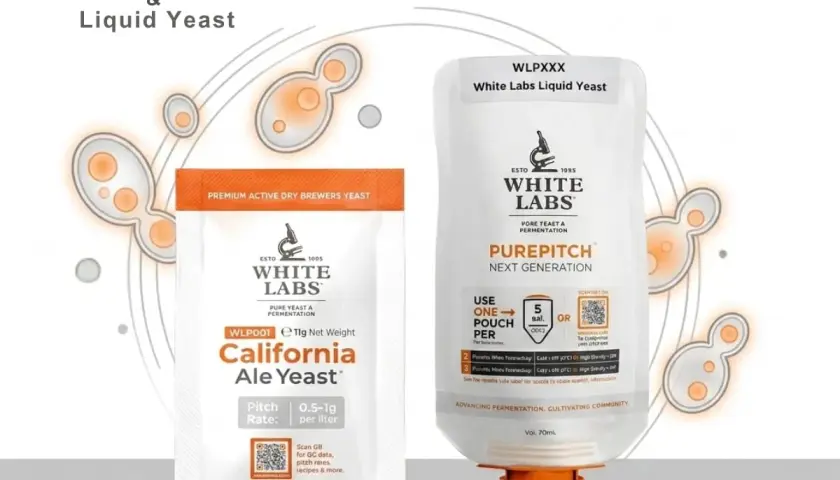 Levure sèche et liquide White Labs. Une pochette de levure sèche California Ale Yeast et une bouteille de levure liquide PurePitch.