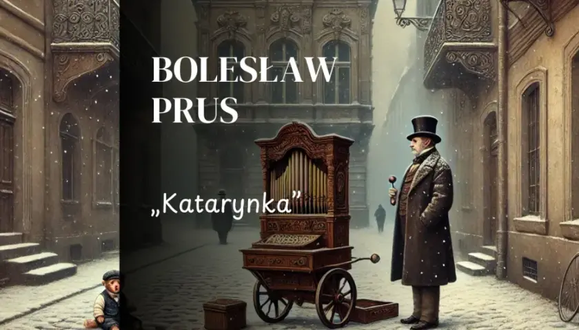 Bolesław Prus i jego „Katarynka” na zimowej uliczce. Stary grajek z katarynką, chłopiec i rowery w śniegu.