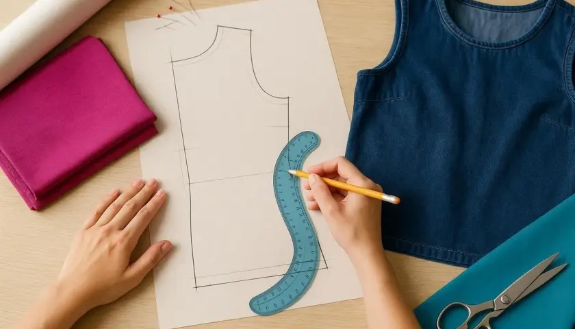 Hände zeichnen Schnittmuster für Kleidung. Stoffe, Schere und Nähutensilien liegen bereit, um Kleidung selber machen zu können.