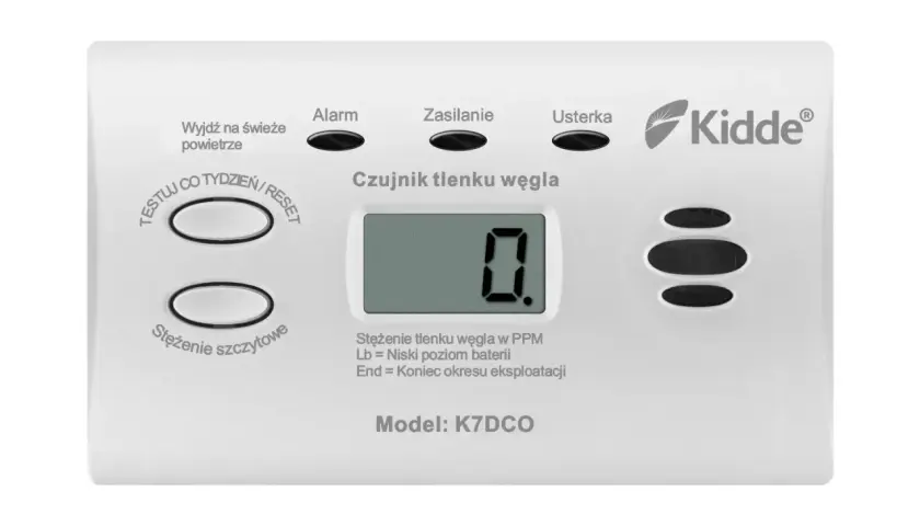 Czujnik czadu Kidde K7DCO, który pika co 30 sekund, pokazuje 0 PPM.