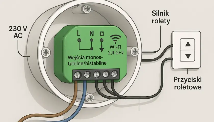 Inteligentny wyłącznik do rolet zewnętrznych zasilany 230V AC, sterowany przez Wi-Fi, podłączony do silnika i przycisków roletowych.