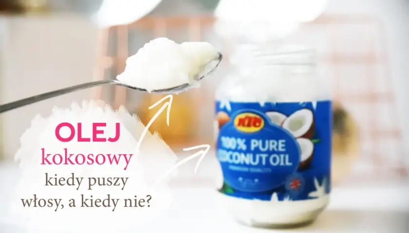 Łyżka z olejem kokosowym obok słoiczka z napisem "100% Pure Coconut Oil".