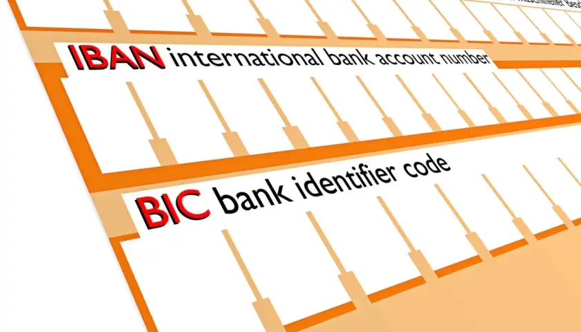 Formular z polami na IBAN i BIC. BIC to kod identyfikujący bank, niezbędny do międzynarodowych przelewów.