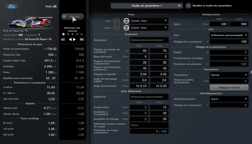 Paramètres de la Ford GT Race Car '18 dans Gran Turismo 7 : réglages suspension, pneus, aérodynamisme et ECU.