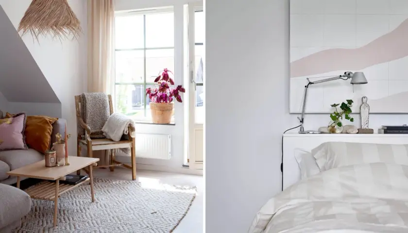 Mysigt litet sovrum med en säng med randigt påslakan och ett vardagsrum med soffa, fåtölj och ett lågt bord.
