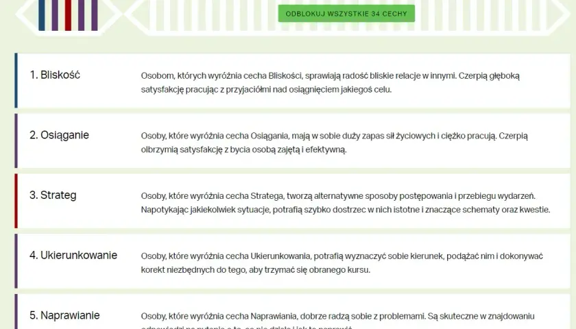 Analiza cech osobowości: Bliskość, Osiąganie, Strateg, Ukierunkowanie, Naprawianie. Poznaj swoje mocne i słabe strony firmy.