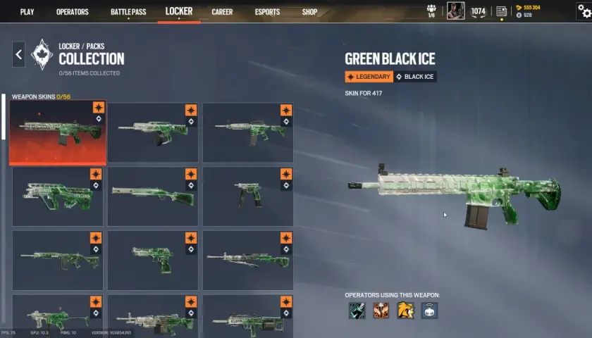 Zielony skin "black ice" na karabin 417. Kolekcja broni z gry, gdzie każdy element wygląda jak zamrożony.