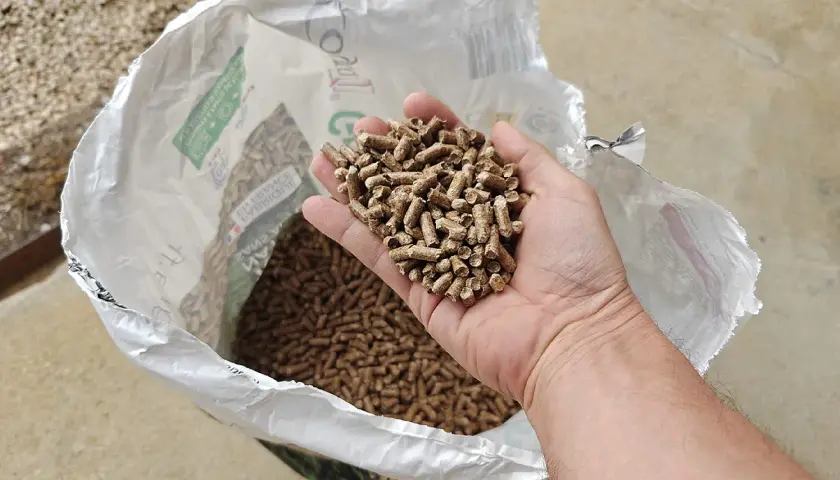 Main d'homme tenant des granulés de bois, pour estimer la consommation pellet par jour. Sac ouvert en arrière-plan.
