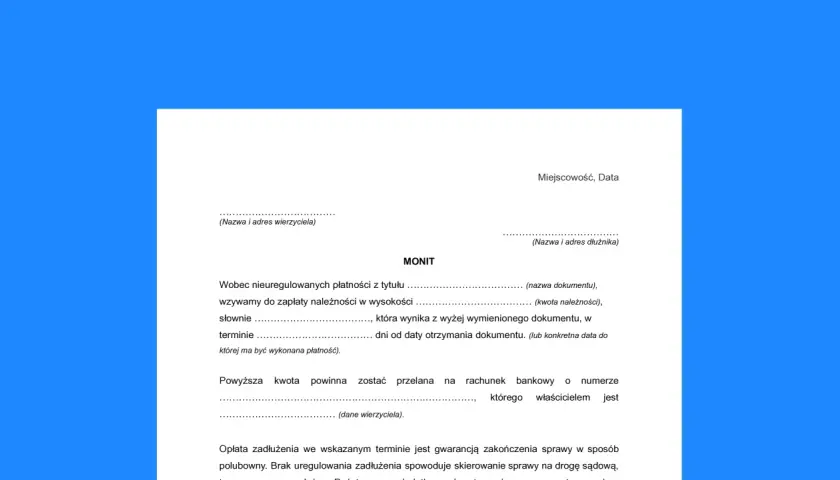 Wezwanie do zapłaty z nagłówkiem MONIT, zawierające dane wierzyciela i dłużnika, kwotę należności oraz termin płatności.