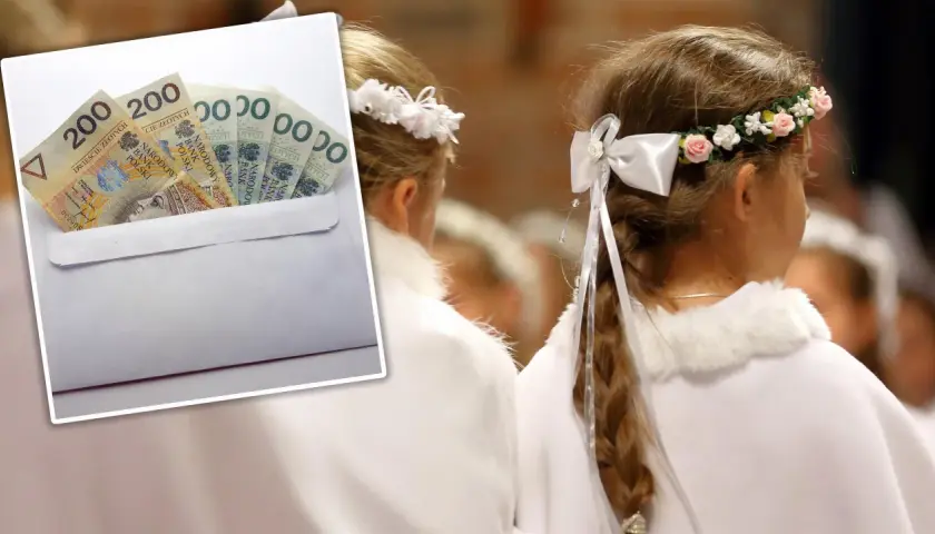 Koperta z banknotami 200 zł i dziewczynki w białych strojach komunijnych.