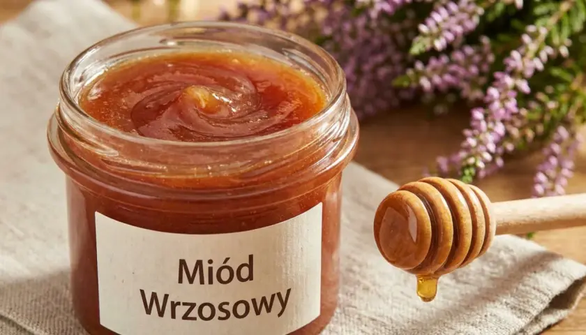 Słoik miodu wrzosowego, z którego kapie złocisty płyn, obok gałązka wrzosu. Miód wrzosowy właściwości zdrowotne.
