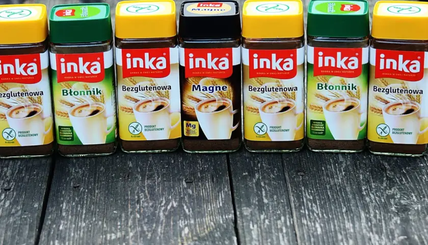 Siedem słoików kawy Inka: bezglutenowa, z błonnikiem i magnezem. Idealna na poranną kawę, jak zrobić Inkę?