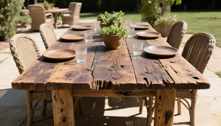 A rustic wood table with chairs set for a meal outdoors. The table's weathered planks and rough-hewn legs showcase what is rustic wood.