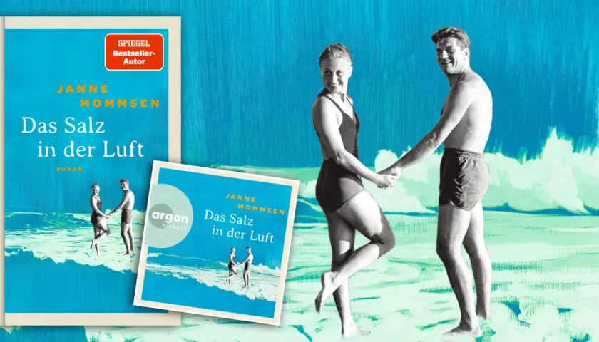 Janne Mommsen neues Buch "Das Salz in der Luft" mit einem retro-inspirierten Cover und einem Hörbuch-Cover. Ein glückliches Paar hält Händchen am Strand.