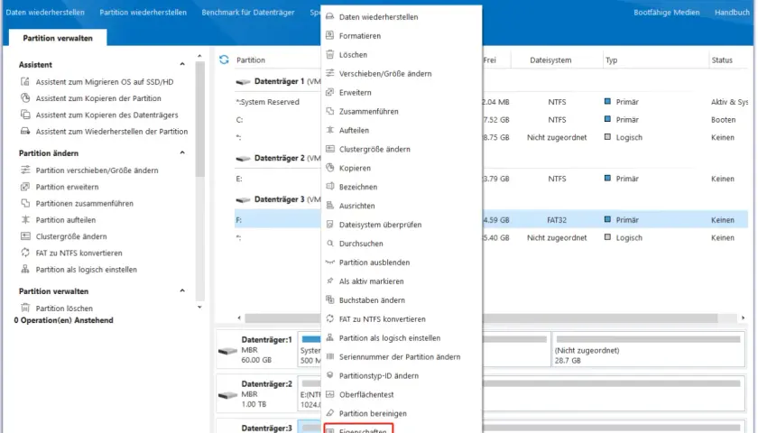 MiniTool Partition Wizard zeigt die Option "Eigenschaften" für eine FAT32-Partition unter Windows 11.