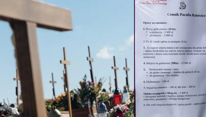 Cmentarz z krzyżami i zniczami. Cennik parafii wymienia opłatę za pogrzeb z Mszą św.