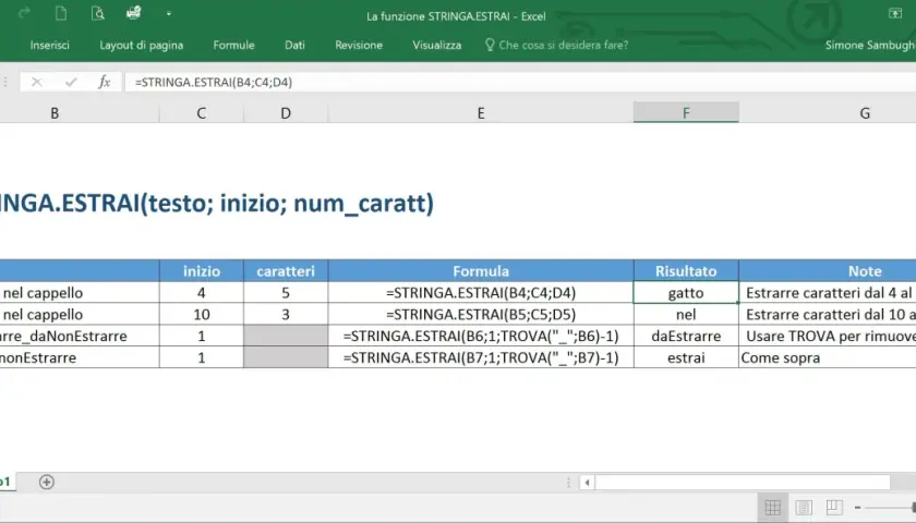 Foglio Excel che mostra come estrai una lettera da una stringa usando la funzione STRINGA.ESTRAI.